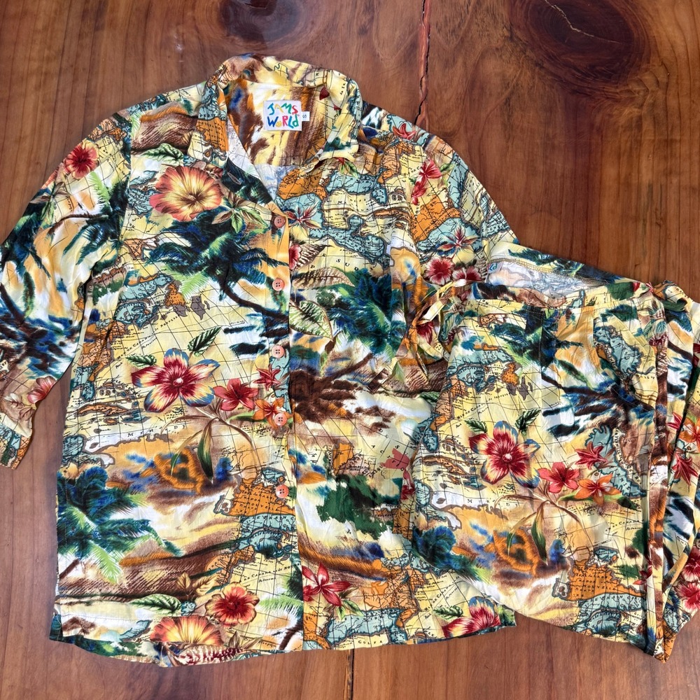 Jams World Womens Blouse Small Hawaiian Expedition Rayon Shirt Pants Map S3-25